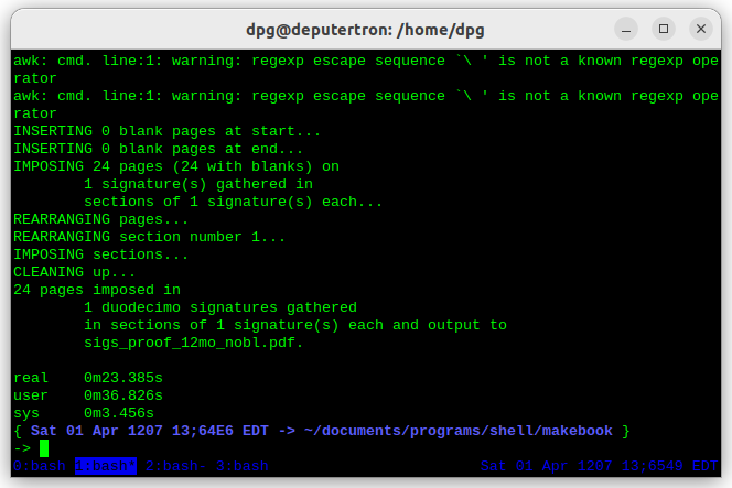 Screenshot showing the
			 timing of a script running multiple instances of
			 makebook using pdftk